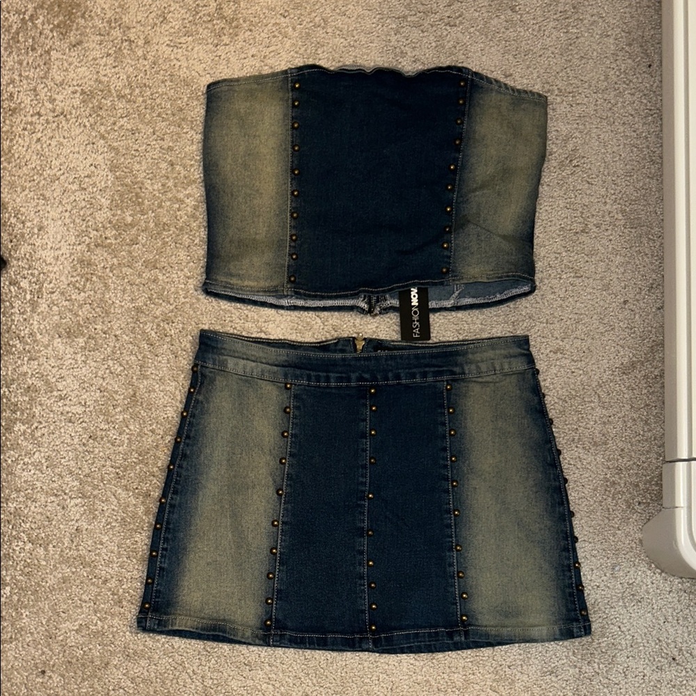 Fashion Nova Dark Denim Mini Skirt Set